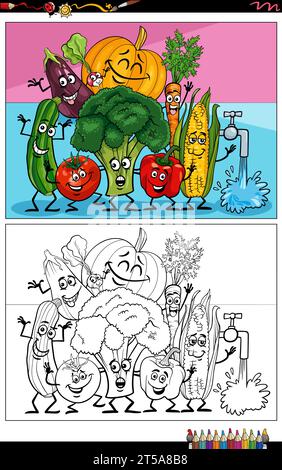 Illustrazioni di cartoni animati di divertenti pagine di colorazione di gruppi di personaggi vegetali Illustrazione Vettoriale