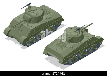 Isometric USA Medium Tank M4 Sherman. Veicolo da combattimento blindato progettato per i combattimenti in prima linea, con una potenza di fuoco pesante Illustrazione Vettoriale