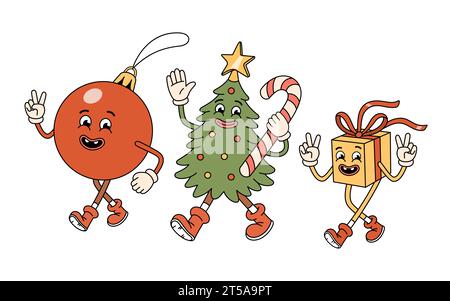 I personaggi di Natale di Groovy - albero, confezione regalo, pallina rossa. Il carattere dell'albero di Natale con la canna da zucchero. Personaggi dei cartoni animati dal gusto rétro in stile doodle Illustrazione Vettoriale