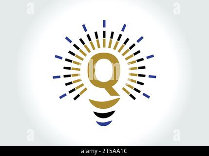 Modello vettoriale con logo per lampadine elettriche Letter Q. Lampadina con simbolo di logotipo lettera Illustrazione Vettoriale