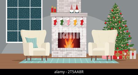 Interni accoglienti con caminetto classico in mattoni, poltrone e albero di Natale decorato. Illustrazione vettoriale Illustrazione Vettoriale
