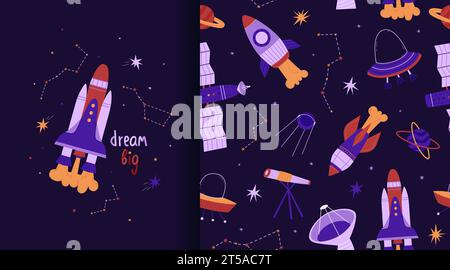 Motivo e poster cosmici senza cuciture. Razzi, stelle, satellite e UFO. Stelle, pianeti e costellazioni. Illustrazione vettoriale in stile piatto. Interna Illustrazione Vettoriale