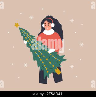 Donna che tiene l'albero di Natale. Ragazza sorridente che si prepara per le vacanze invernali. Gente che compra abete natalizio alla fiera. Cartolina di Capodanno. Vettore Illustrazione Vettoriale
