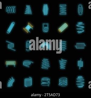 Set di icone per cavi con molle elicoidali. Illustrazione del profilo delle icone vettoriali dei cavi a molla elicoidale 25 colore neon nero Illustrazione Vettoriale