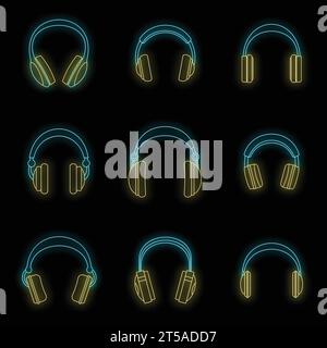 Cuffie musica altoparlanti set di icone per cuffie. Illustrazione di 9 cuffie altoparlanti per l'ascolto di musica icone vettoriali delle cuffie colore neon nero Illustrazione Vettoriale