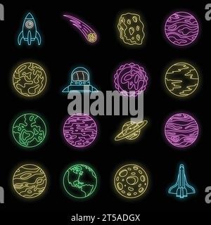 Set di icone dei pianeti del sistema solare. Insieme di contorni di pianeti del sistema solare icone vettoriali colore neon nero Illustrazione Vettoriale