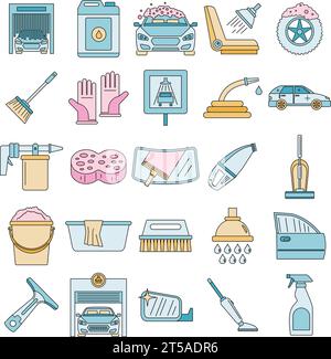 Set di icone garage autolavaggio. Serie di icone vettoriali per autolavaggio colore linea sottile piatta su bianco Illustrazione Vettoriale