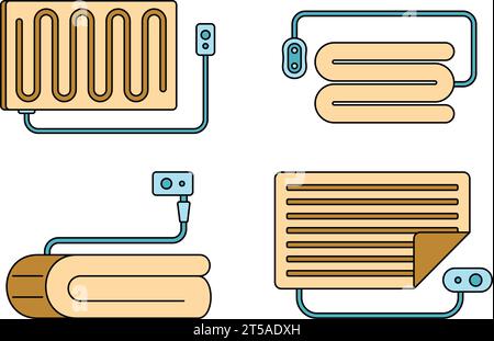 Icona coperta riscaldata impostata. Delinea insieme di icone vettoriali coperte riscaldate linea sottile con colore piatto su bianco Illustrazione Vettoriale