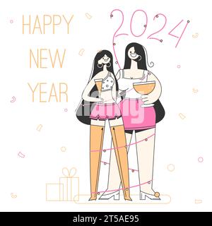 Biglietto d'auguri per l'anno nuovo. Festa di Capodanno 2024 Illustrazione Vettoriale