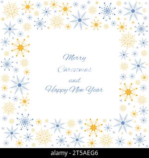 Cornice natalizia in fiocchi di neve blu e oro. Illustrazione Vettoriale