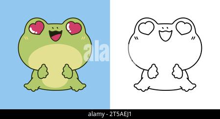 Illustrazione cute Isolated Frog e per colorare la pagina. Cartoon Clip Art Amphibian. Illustrazione vettoriale isolata di un animale Kawaii per adesivi, bambino Illustrazione Vettoriale