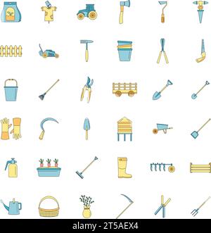 Set di icone per il giardino delle attrezzature agricole. Illustrazione del profilo di 25 icone dei vettori da giardino delle attrezzature agricole, linea sottile, colore piatto su bianco Illustrazione Vettoriale