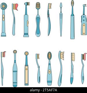 Set di icone dentali per spazzolino da denti. Illustrazione di 16 icone dentali dello spazzolino da denti con linea sottile piatta su bianco Illustrazione Vettoriale