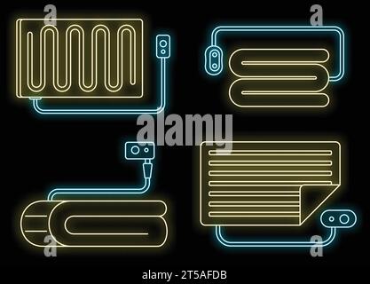 Icona coperta riscaldata impostata. Delinea il set di icone vettoriali coperte riscaldate colore neon su nero Illustrazione Vettoriale