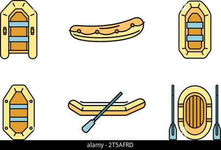 Set di icone per gommoni. Set di icone dei vettori di imbarcazioni gonfiabili in gomma linea sottile con colore piatto su bianco Illustrazione Vettoriale