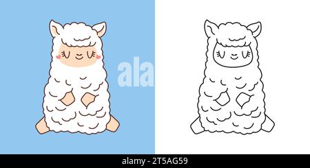 Illustrazione di Alpaca isolata e carino e per colorare la pagina. Cartoon Clip Art Lama. Cartoon Vector Illustration of Kawaii Animal for Stickers, stampe per Illustrazione Vettoriale
