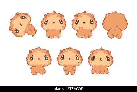 Collezione di Vector Cartoon Baby Guinea Pig Art Set di illustrazioni per animali domestici isolati Kawaii per stampe di vestiti, adesivi, doccia per bambini, colorazione Illustrazione Vettoriale