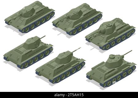 Isometric Tank USSR, Medium Tank T-34 T-76. Veicolo da combattimento blindato progettato per i combattimenti in prima linea, con una potenza di fuoco pesante Illustrazione Vettoriale