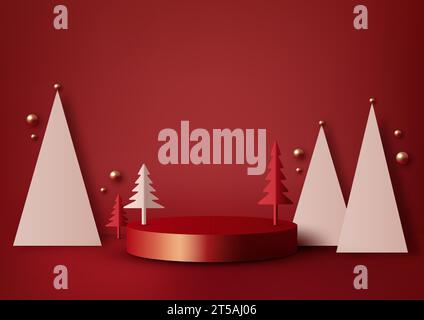 Podio di Natale rosso realistico in 3D. uno sfondo rosso festoso per il nuovo anno con palle d'oro e carta di pino in stile artistico. Perfetto per la distribuzione di prodotti natalizi Illustrazione Vettoriale