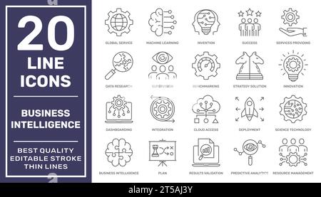 Set di icone di Business Intelligence. Pacchetto di elementi vettoriali simboli per infografica, Web. Strumenti e tecnologie intelligenti per le aziende. Apprendimento automatico Illustrazione Vettoriale