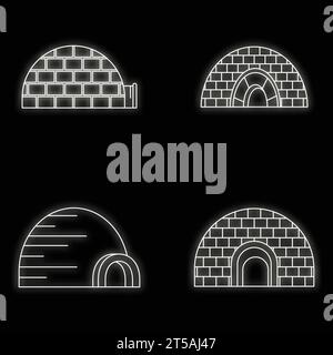 Set di icone per igloo artico. Delinea il set di icone vettoriali dell'igloo artico colore neon sul nero Illustrazione Vettoriale