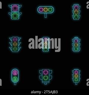 Icona dei semafori impostata. Serie di profili delle icone vettoriali dei semafori di colore neon su nero Illustrazione Vettoriale