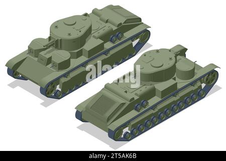 Isometric Tank USSR, Medium Tank T-28. Veicolo da combattimento blindato progettato per i combattimenti in prima linea, con una potenza di fuoco pesante Illustrazione Vettoriale