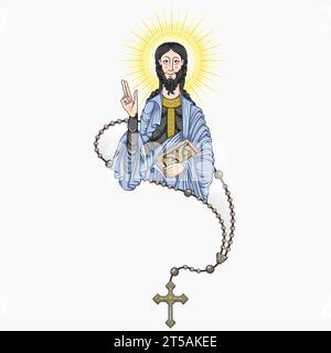 Disegno vettoriale dell'Apostolo con rosario cattolico, arte cristiana del Medioevo Illustrazione Vettoriale