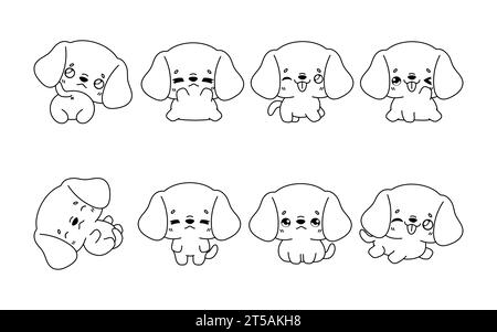 Set di Kawaii isolato Beagle Dog Coloring Page. Collezione di carini Vector Cartoon Animal Outline per adesivi, Baby Shower, Coloring Book, stampe per Illustrazione Vettoriale