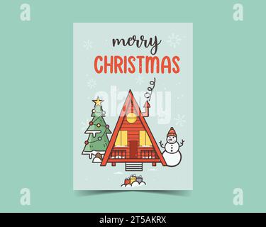 Buone cartoline natalizie in grazioso stile piatto con cabina invernale nella foresta. Design minimalista per le feste di Natale. Modelli di poster per le festività natalizie. Stock Vector trendy Illustrazione Vettoriale