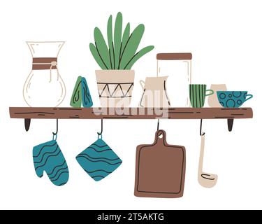 Ripiano da cucina con illustrazioni vettoriali piatte. Chemex, tazze per caffè, caraffa per latte e untensil per cucinare. Interno di una cucina r Illustrazione Vettoriale