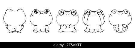 Set di Kawaii isolate Frog Coloring Page. Collezione di simpatici disegni di cartone animato Froggy per adesivi, Baby Shower, Coloring Book, stampe per Illustrazione Vettoriale