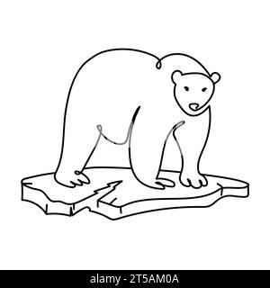 Orso polare su una pista di ghiaccio disegno artistico della linea.concetto di riscaldamento globale.orso polare semplice disegno con icona emblema.illustrazione Vector in bianco e nero Illustrazione Vettoriale