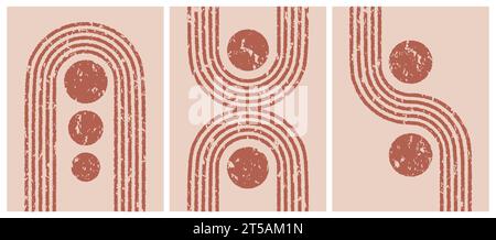 Forme geometriche astratte boho. Design moderno ad arco grafico. Poster zen vettoriale minimale con texture organica. Illustrazione retrò dell'arcobaleno bohémien. Illustrazione Vettoriale