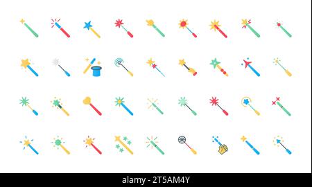 Le icone piatte della bacchetta magica impostano l'illustrazione vettoriale. Pittogrammi di maghi mano e cappello per trucchi illusori con stelle e effetti scintillanti, maghi simboli di immaginazione e miracolo. Illustrazione Vettoriale