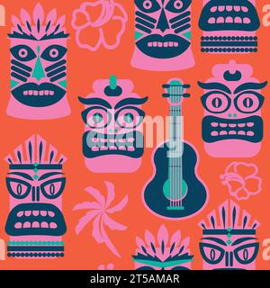 Elementi Tiki tribali hawaiani, tessuto ukulele e ibisco motivo vettoriale vintage astratto senza cuciture nei colori rosso corallo e blu Illustrazione Vettoriale