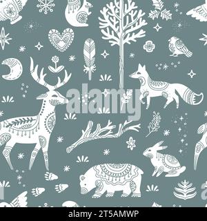 Motivo senza cuciture con animali astratti in legno decorati che si stagliano cervi, orsi, volpi e fiocchi di neve su sfondo grigio. Illustrazione scandinava. Per p Illustrazione Vettoriale