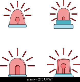 Icone sirena lampeggiatori impostate. Illustrazione di 4 icone della sirena dei lampeggiatori, linea sottile di colore piatta su bianco Illustrazione Vettoriale
