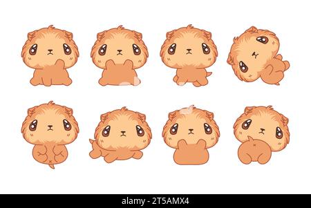 Set di Kawaii isolato Guinea Pig. Collezione di illustrazioni Vector Cartoon Rodent per adesivi, Baby Shower, pagine da colorare, stampe per abiti Illustrazione Vettoriale