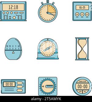 Set di icone del timer della cucina. Illustrazione di 9 icone del timer della cucina con linea sottile piatta su bianco Illustrazione Vettoriale