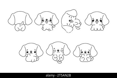 Collezione di Vector Cartoon Beagle Dog Coloring Page. Set di Kawaii Isolated Puppy Outline per adesivi, Baby Shower, Coloring Book, stampe per Illustrazione Vettoriale