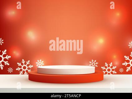 Podio natalizio 3D realistico rosso e bianco. uno sfondo rosso per le festività di capodanno con fiocchi di neve bianchi ed effetti di luce. Perfetto per il prodotto natalizio Illustrazione Vettoriale