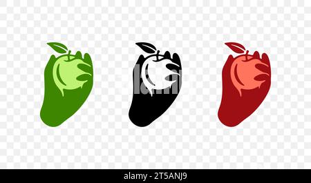 La mano preleva una mela da un albero, da un frutto e da un giardino, grafica. Cibo, pasto, pianta, succo, natura, raccolto e raccolto, disegno vettoriale e illustrazione Illustrazione Vettoriale