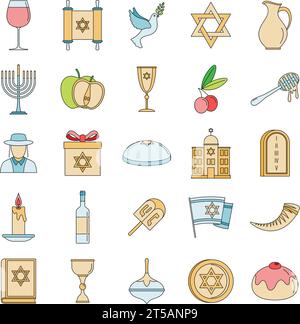Set di icone per le vacanze di Hanukkah. Insieme di icone del vettore di vacanze hanukkah, linea sottile, colore piatto su bianco Illustrazione Vettoriale