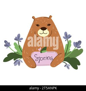 Carino con fiori e foglie primaverili.concetto di giornata Happy Groundhog.semplice illustrazione vettoriale in stile cartoni animati Illustrazione Vettoriale