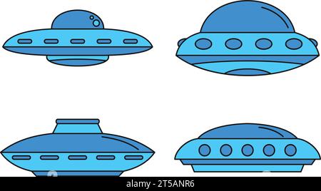 Set di icone navali UFO. Set di contorni delle icone vettoriali della navicella spaziale UFO linea sottile di colore piatta su bianco Illustrazione Vettoriale