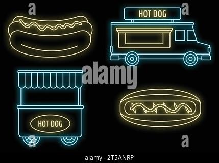 Set di icone carrello per hot dog. Serie di icone vettoriali carrello hot dog colore neon nero Illustrazione Vettoriale