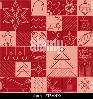 Sfondo vintage natalizio e natalizio con decorazioni e ornamenti icone Illustrazione Vettoriale