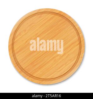 Tagliere rotondo vuoto in legno, vista dall'alto. Vassoi o piatto di forme rotonde, utensili da cucina naturali ed ecologici in legno isolato sul retro bianco Illustrazione Vettoriale