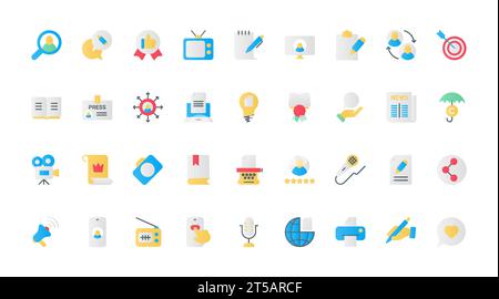 Le icone piatte di narrazione rappresentano un'illustrazione vettoriale. Raccolta di simboli neri dell'autore che racconta una storia, un'intervista di giornalista, contenuti digitali e informazioni di un blogger sui social media. Illustrazione Vettoriale